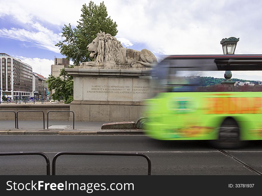 Blurred motion of a city bus on a bridge in Budapest