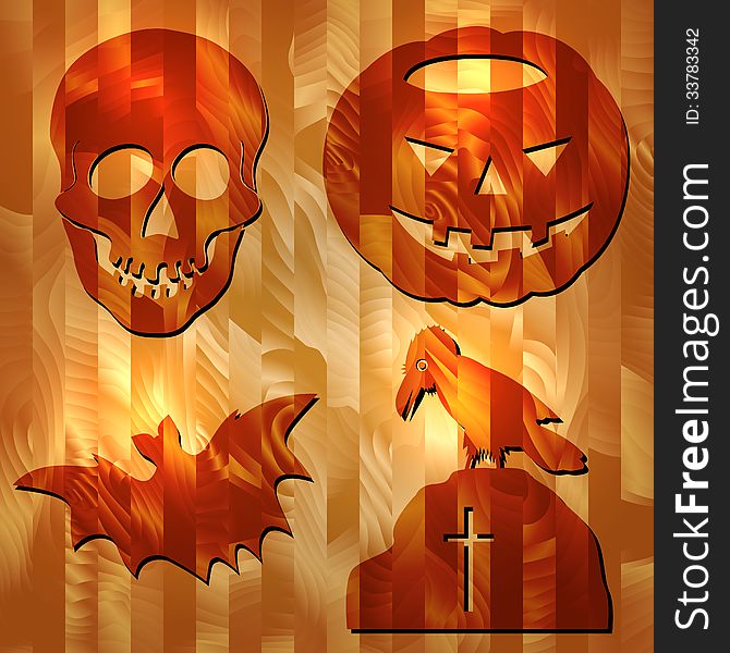 Set Of Vector Halloween Signes Carved on Wood Texture. Set Of Vector Halloween Signes Carved on Wood Texture