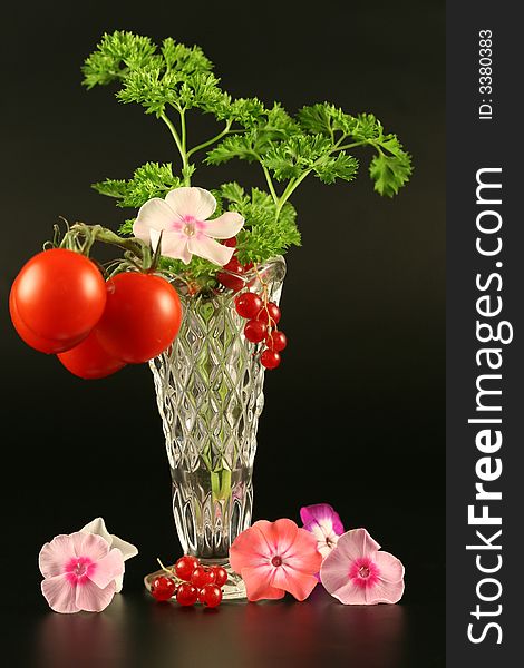 Tomatoes, currant  and flowers in a vase on a black background. Tomatoes, currant  and flowers in a vase on a black background.