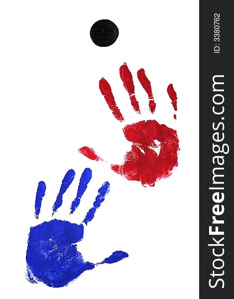 Marks of two hands (paint: red and blue) trying to reach a black point at the top of the image. Marks of two hands (paint: red and blue) trying to reach a black point at the top of the image.