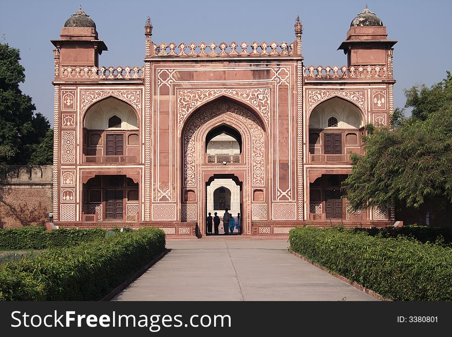 The entrance to the tomb of Mirza Ghiyas Beg and his wife Asmat Begum at Agra, India. Mirza Ghiyas Beg was the father of Nur Jahan. He held the title of Itmad-ud-Daulah (the Lord Tresurer). It was built during 1622-1628. The entrance to the tomb of Mirza Ghiyas Beg and his wife Asmat Begum at Agra, India. Mirza Ghiyas Beg was the father of Nur Jahan. He held the title of Itmad-ud-Daulah (the Lord Tresurer). It was built during 1622-1628.