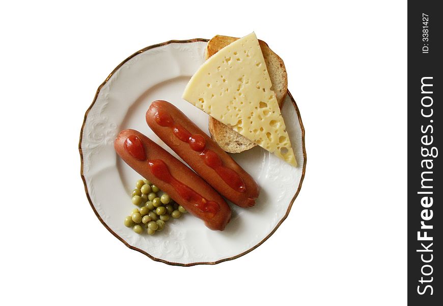 Two sausages with ketchup, toast, cheese and green peas on white plate. Two sausages with ketchup, toast, cheese and green peas on white plate