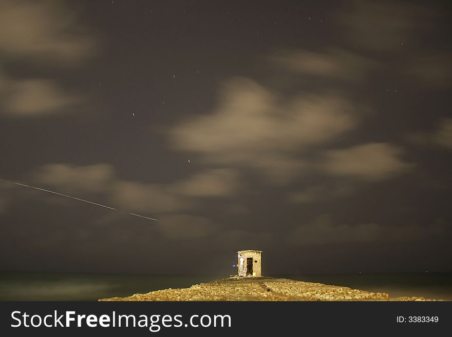 Fishmen cabin on jetty, by night,tel aviv, israel