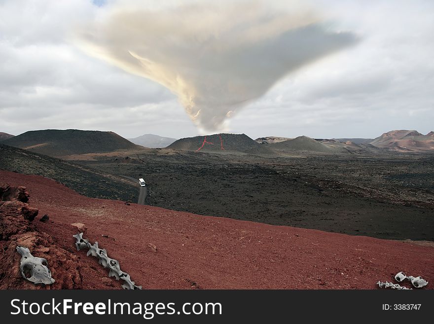 A bus escapes from a volcanic eruption. A bus escapes from a volcanic eruption