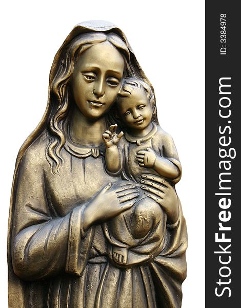 Golden statue of a mother with her child isolated on white. Golden statue of a mother with her child isolated on white