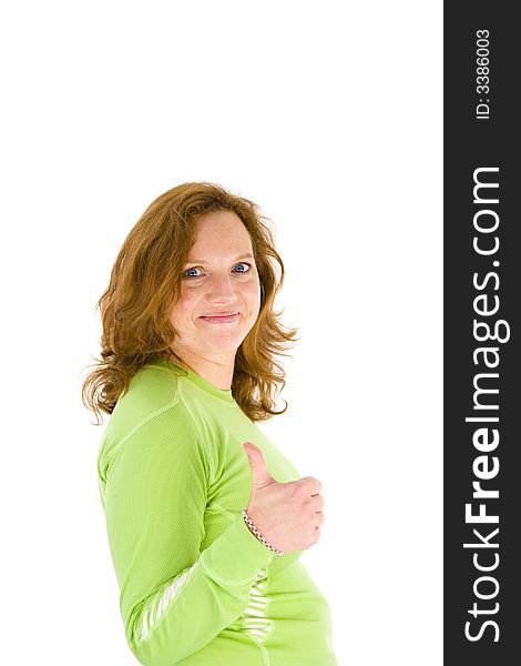 Portrait of an attractive young female with thumbs up isolated on white