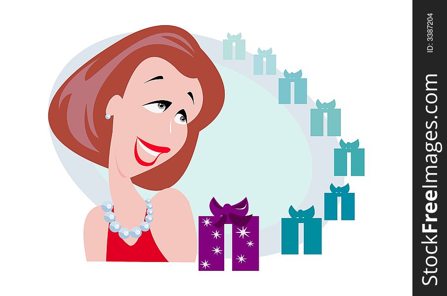 Vector image of young woman looking on presents