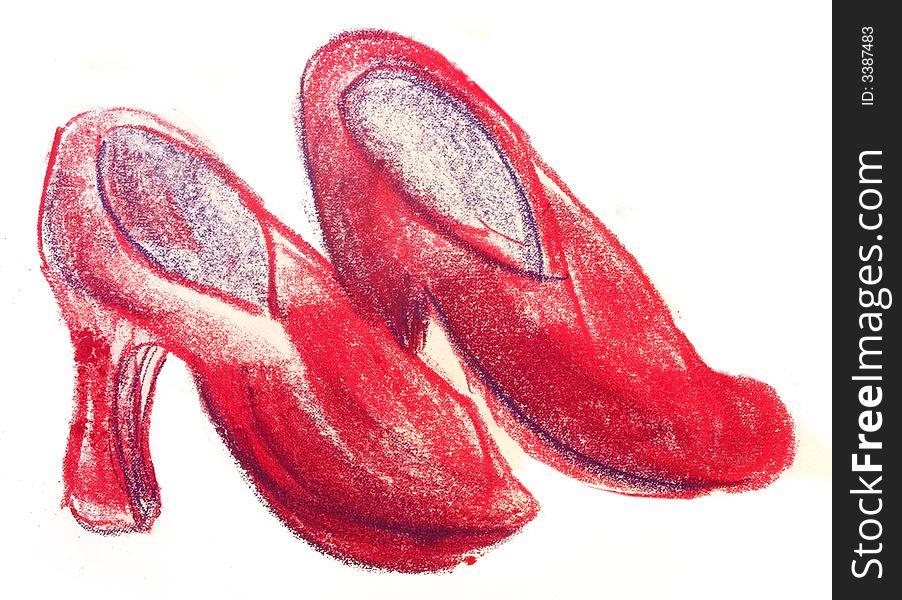 A pastel drawing of a pair high heel shoes. A pastel drawing of a pair high heel shoes