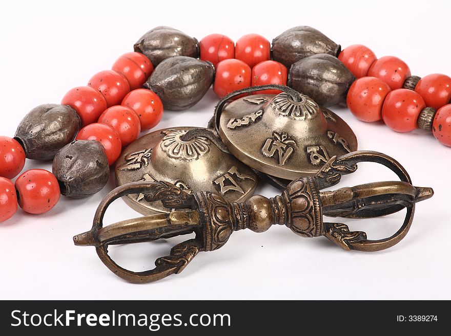 Antique Tibetan necklace, vajra and Buddhist bells. Antique Tibetan necklace, vajra and Buddhist bells