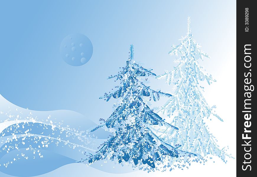 Blue illustration of winter morning and two fur-trees. Blue illustration of winter morning and two fur-trees