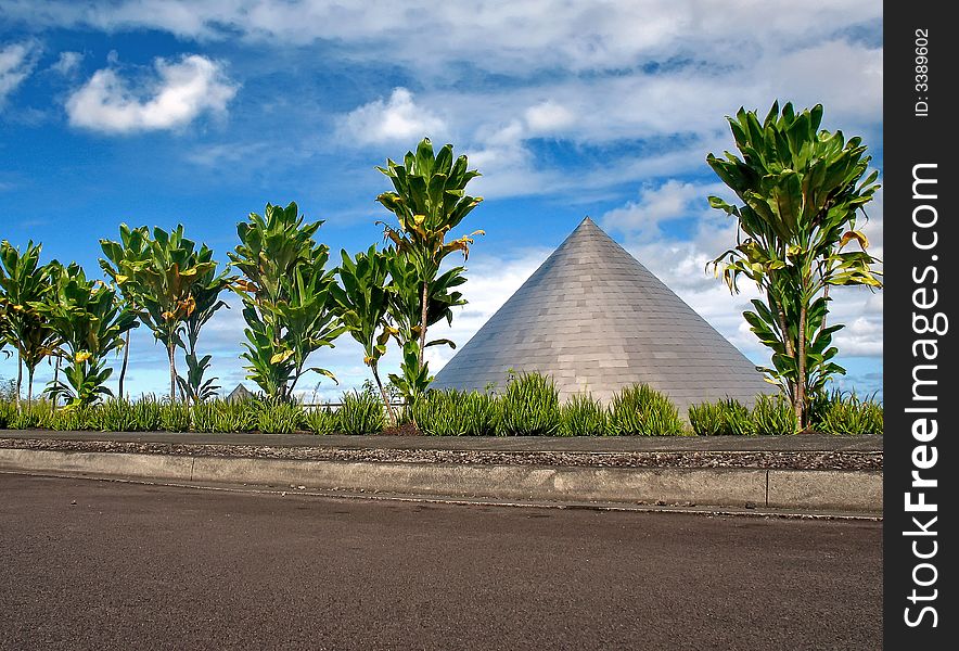 Metallic cone pointing skyward viewed through vegetation. Metallic cone pointing skyward viewed through vegetation