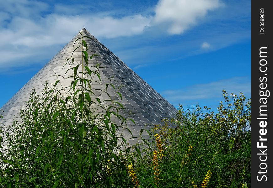 Metallic cone pointing skyward viewed through vegetation. Metallic cone pointing skyward viewed through vegetation