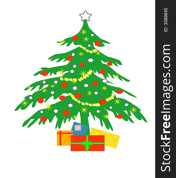 Christmas tree with ornaments and gifts illustration. Christmas tree with ornaments and gifts illustration