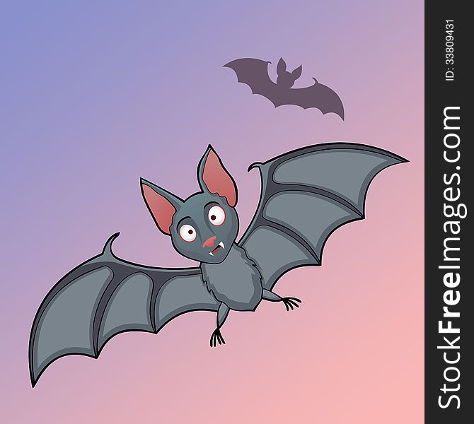 Bats cartoon in fly at background of the sunset sky