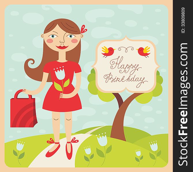 Cute birthday card with girl. Vector illustration