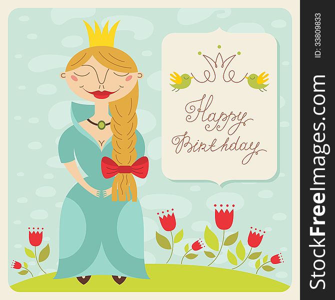 Cute birthday card with little princess. Vector illustration. Cute birthday card with little princess. Vector illustration