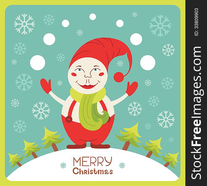 Cute Christmas card with snowman. Vector illustration