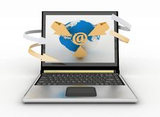 E-Mail Concept With Globe And Arrows On The Screen Of Laptop Stock Photo E-Mail Concept With Globe And Arrows On The Screen Of Laptop Stock Photo
