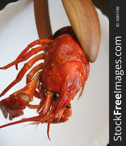 crawfish in wooden tongs against a white plate