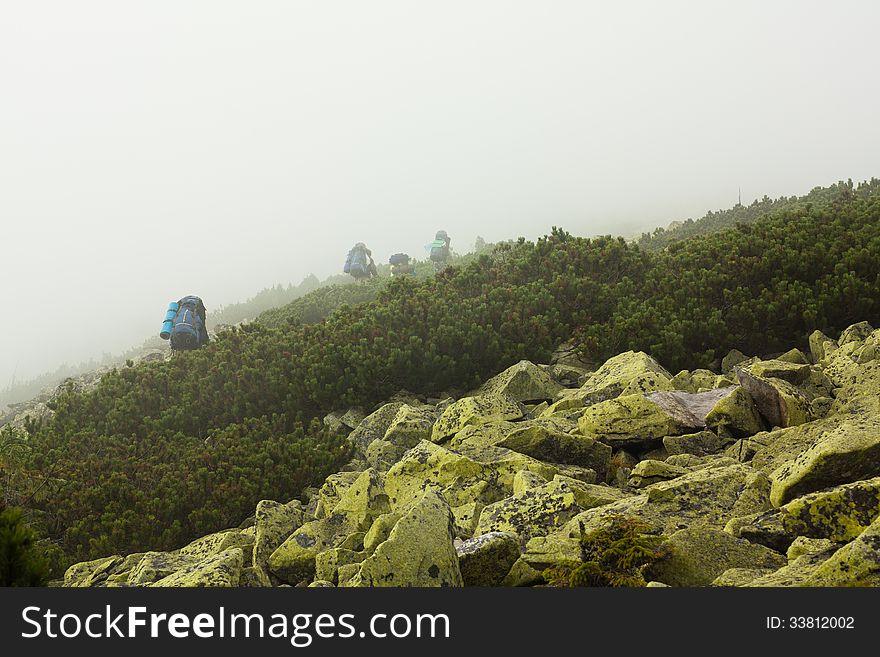 Tourist groups walking along the ridge in dense fog. Tourist groups walking along the ridge in dense fog.