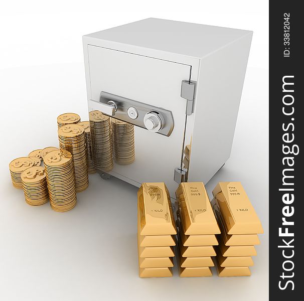 Closed safe with dollars and bullions on white background. Closed safe with dollars and bullions on white background