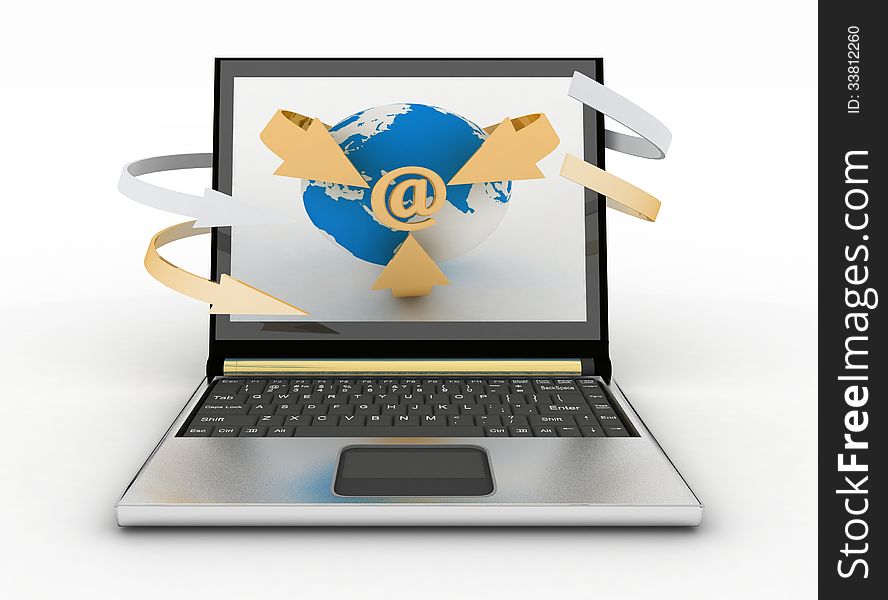 E-Mail Concept with Globe and Arrows on the screen of laptop. 3d render illustration