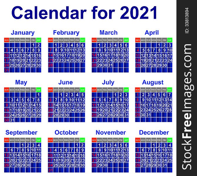 Calendar For 2021 Year.