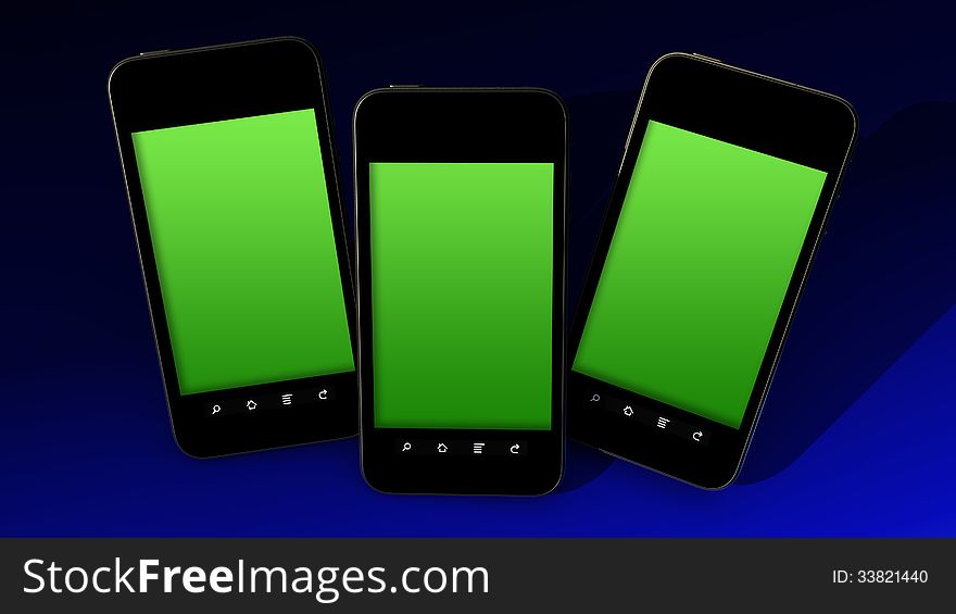 Three smartphones with greenscreens. you can add your image to green screens.