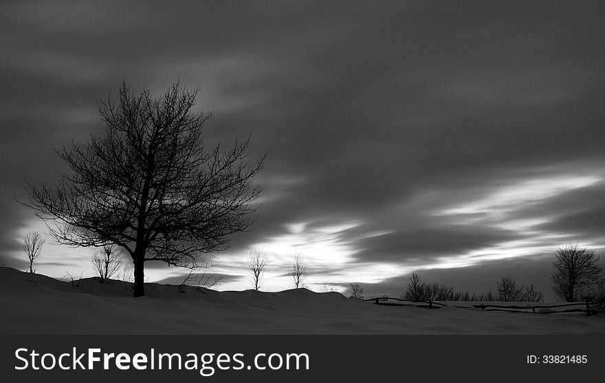 Winter sunset in the mountain in B&W. Winter sunset in the mountain in B&W