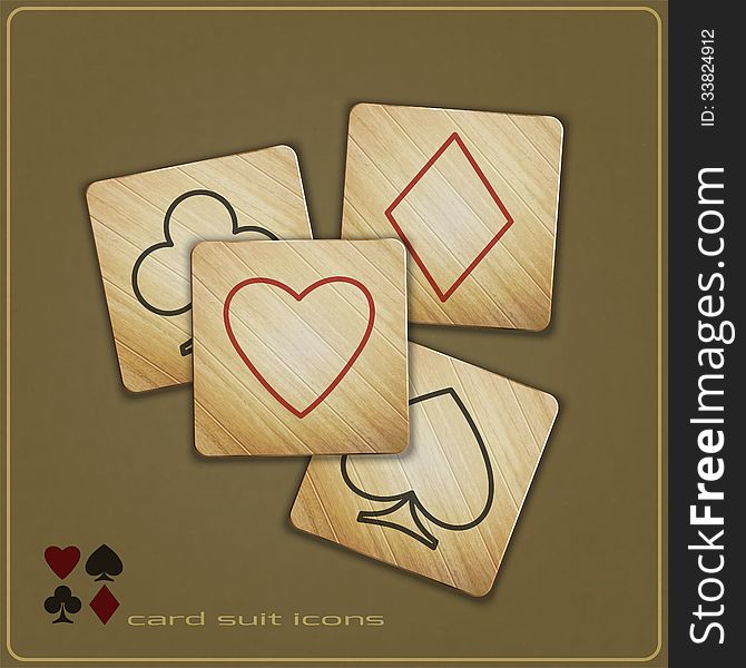 New set of wooden icons with cards suit symbols can use like gambling concept design. New set of wooden icons with cards suit symbols can use like gambling concept design