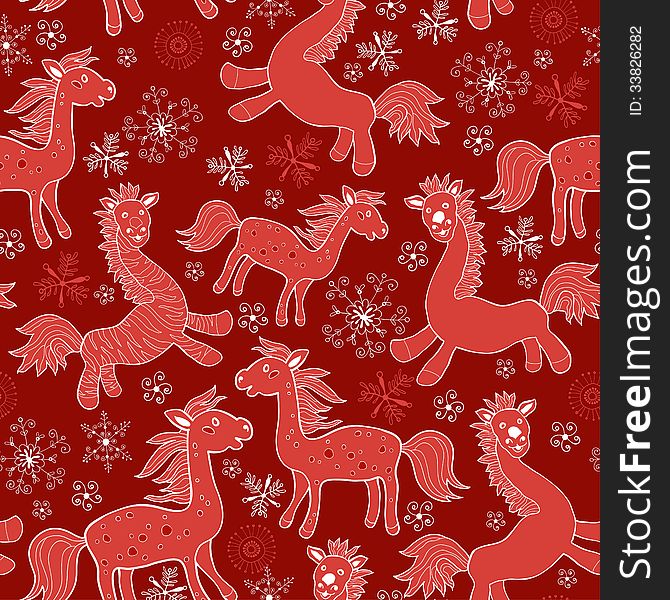 Seamless With Christmas Red Drawing Horses