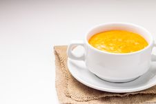 Pumpkin Soup At Old Rustic Fabric Royalty Free Stock Images Pumpkin Soup At Old Rustic Fabric Royalty Free Stock Images