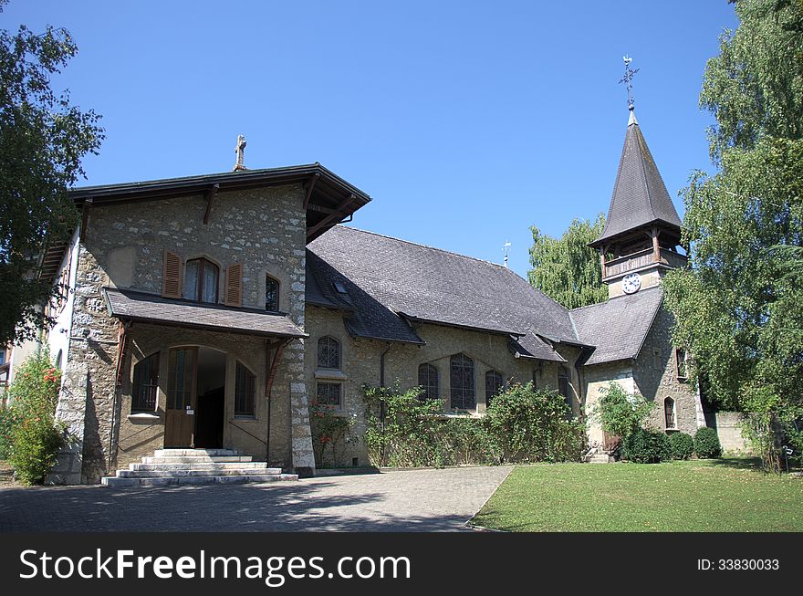 Small protestant church in swiss village, taken in Sept 2013