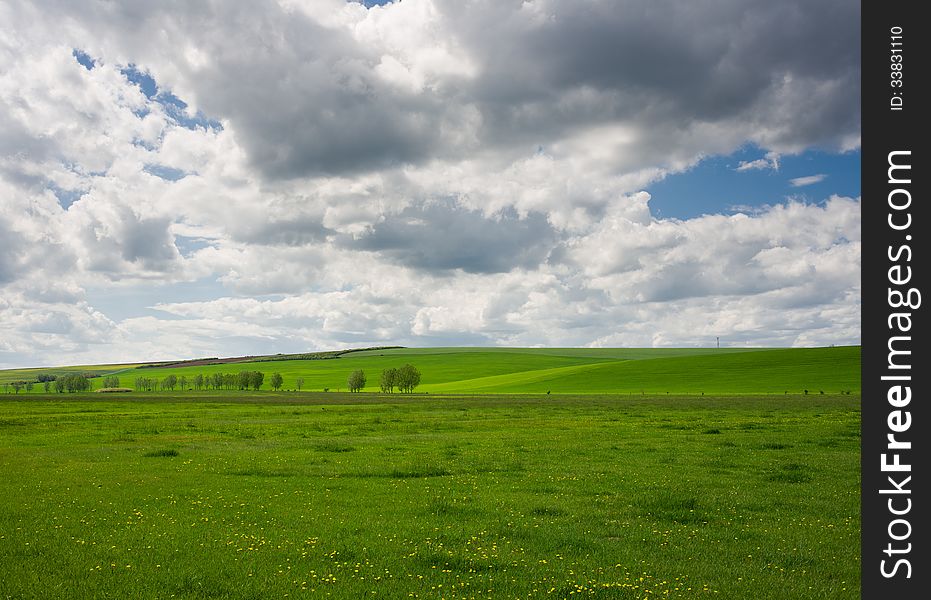 Green field and blue cloudy sky