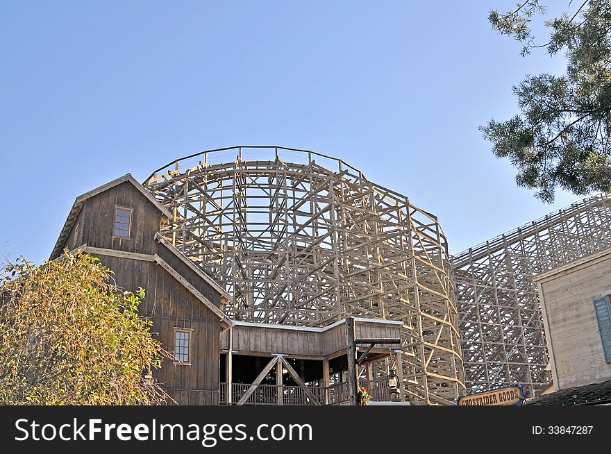 This complex wooden framework supports the track system of Ghostrider, a popular ride at Knotts Berry Farm. This complex wooden framework supports the track system of Ghostrider, a popular ride at Knotts Berry Farm.