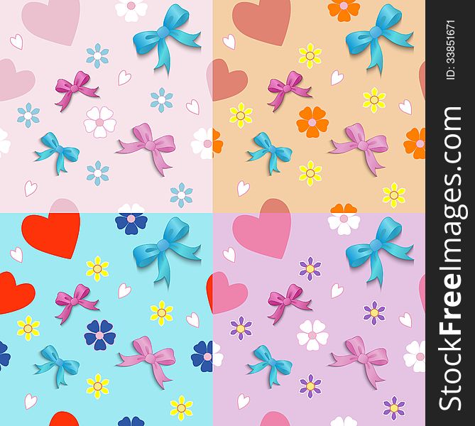 Seamless pattern of hearts bows and flowers. Seamless pattern of hearts bows and flowers