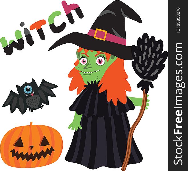 Halloween witch character with pumpkin and bat. This is file of EPS10 format.