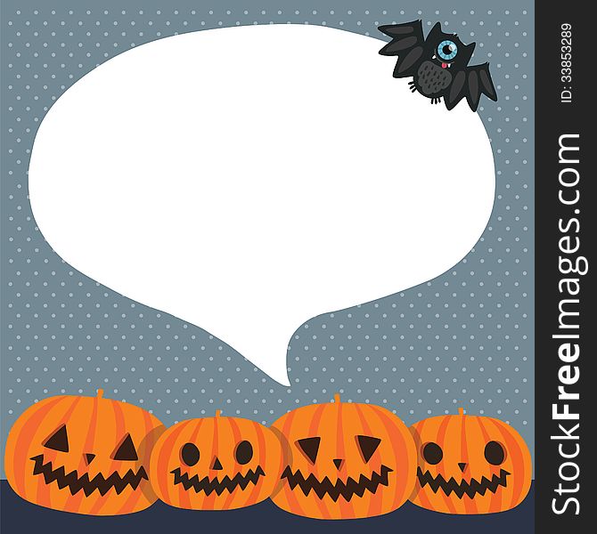 Cute funny Halloween pumpkins with bubble speech and bat