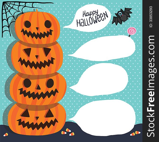 Halloween background. Pumpkins with bubble speech, bat, corn, lollipop, web. Halloween background. Pumpkins with bubble speech, bat, corn, lollipop, web