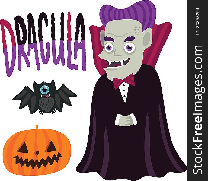 Halloween Dracula character with pumpkin and bat.