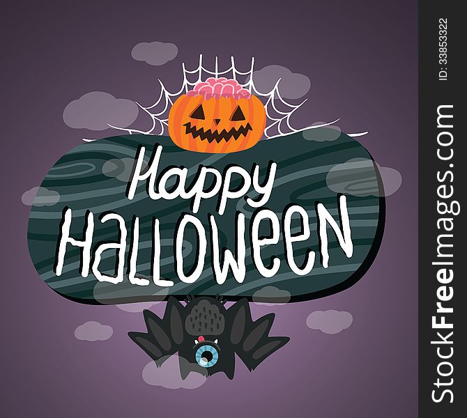 Happy Halloween sign with pumpkin, bat, web. Halloween background