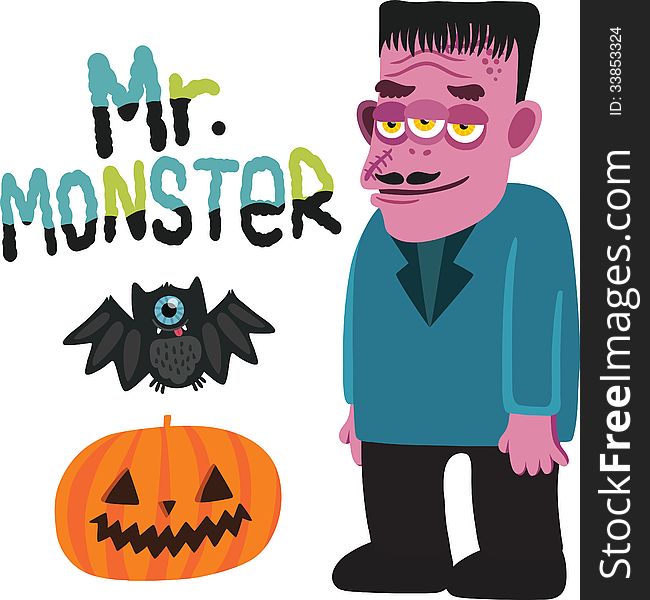 Halloween monster character with pumpkin and bat. This is file of EPS10 format.