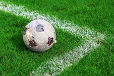 Old Soccer Ball On Soccer Field Royalty Free Stock Image