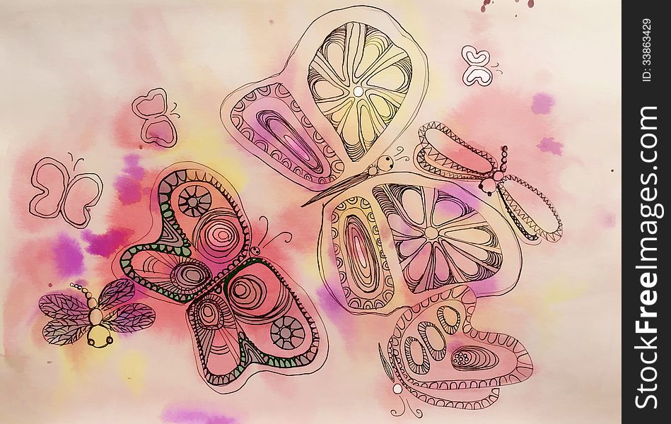 Butterfly on a colorful watercolor background vague. Butterfly on a colorful watercolor background vague