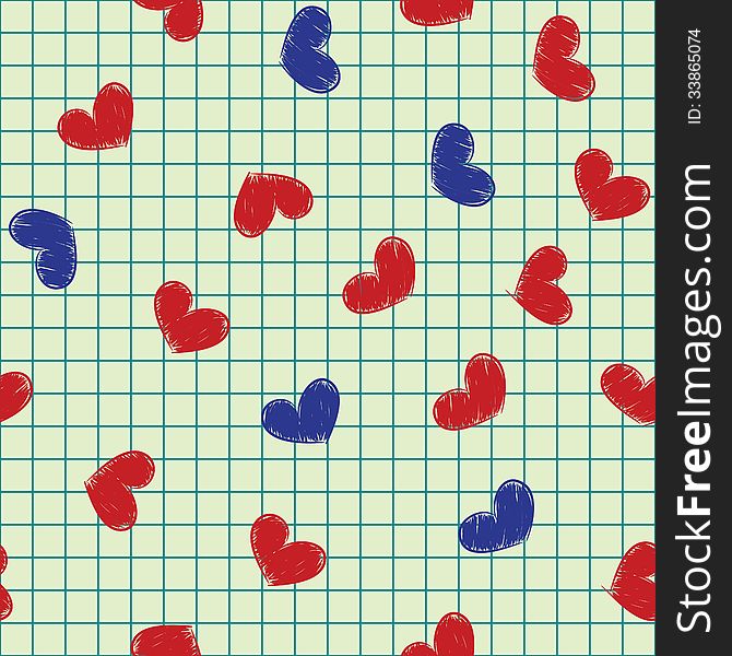 Seamless background with ink painted red and blue hearts on a sheet of notebook. Seamless background with ink painted red and blue hearts on a sheet of notebook.