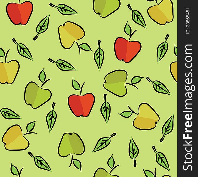 Seamless pattern with green, red apples and leaves. Seamless pattern with green, red apples and leaves.