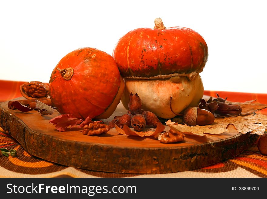 Pumpkins sitting on fall leaves