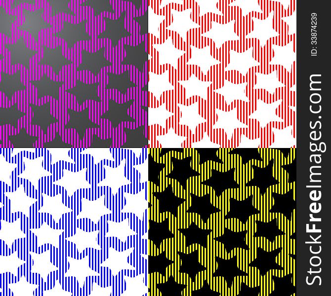 Four seamless colorful patterns made of stripes and abstract dancing stars. Four seamless colorful patterns made of stripes and abstract dancing stars