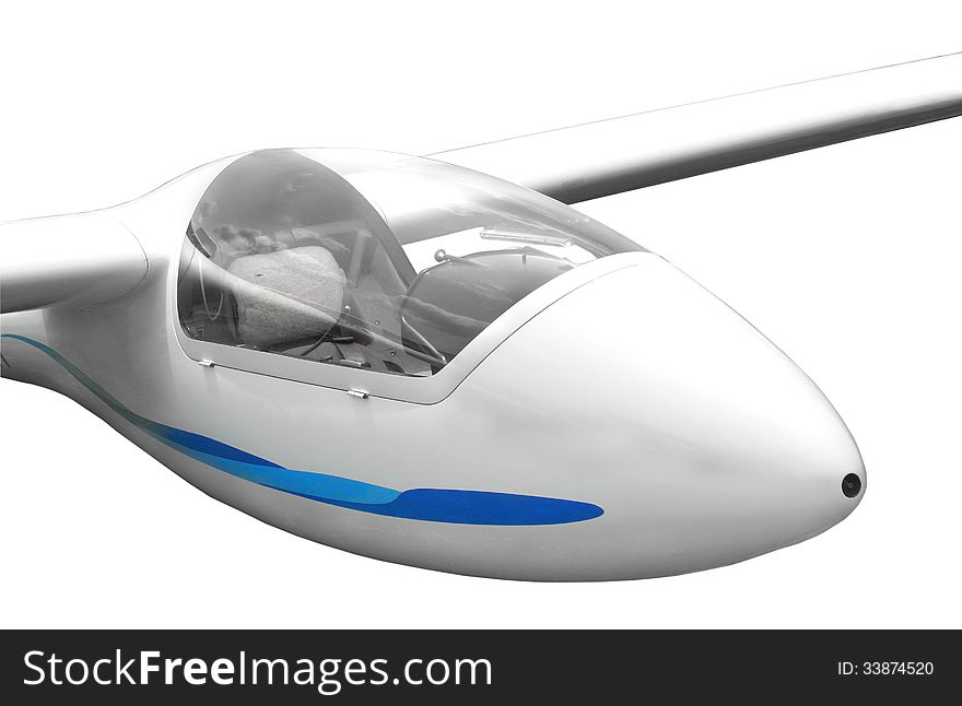 Close-up of the nose and cockpit of a modern glider. Isolated on white. Close-up of the nose and cockpit of a modern glider. Isolated on white.