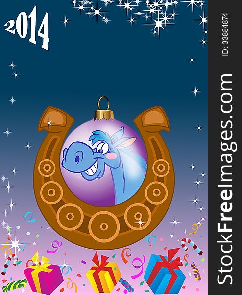 In the illustration background for congratulation with Christmas. It shows the Christmas balls with the symbol horse. Against the backdrop of a horseshoe and gifts. Done in a cartoon style, on separate layers. In the illustration background for congratulation with Christmas. It shows the Christmas balls with the symbol horse. Against the backdrop of a horseshoe and gifts. Done in a cartoon style, on separate layers.